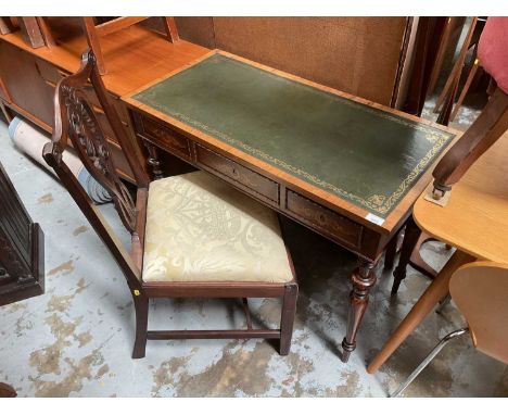 Small antique ladies' writing table with three marquetry inlaid drawers to front, 97cm wide, 46.5cm deep, 75cm high, together