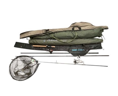 Group of fishing rods, nets, space maker multi 60, two fishing boxes with contents and others