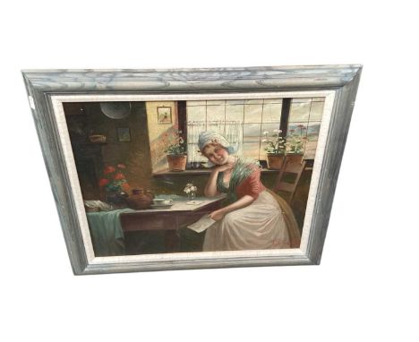 A. Telarick oil on canvas Dutch lady holding a love letter