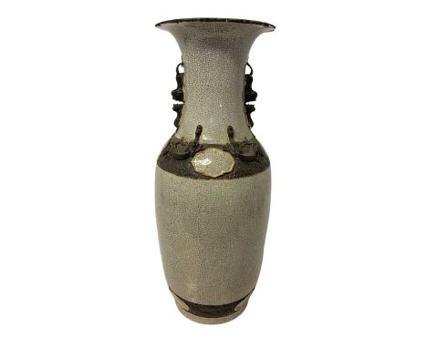 Large 19th century Chinese crackle glazed porcelain baluster vase, with moulded foo dogs and chilong, 60.5cm highThere is a r