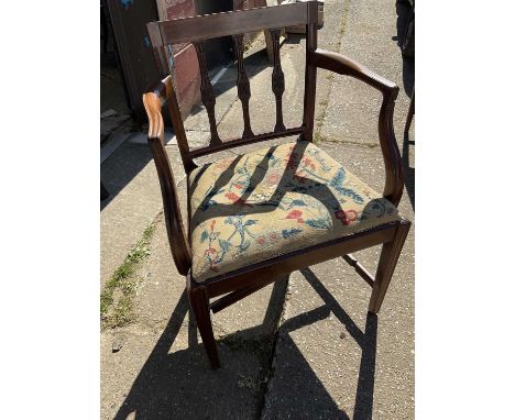 Georgian mahogany open armchair with embroidered slip in seat