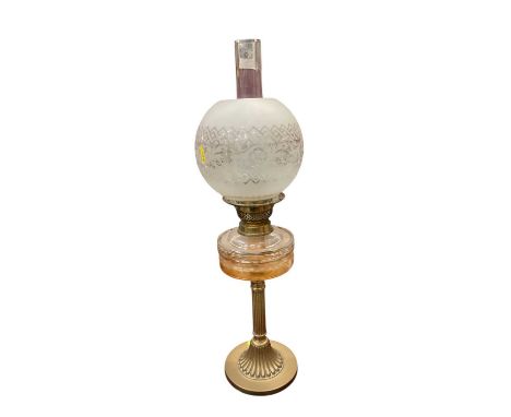Victorian brass and cut glass oil lamp with etched glass shade