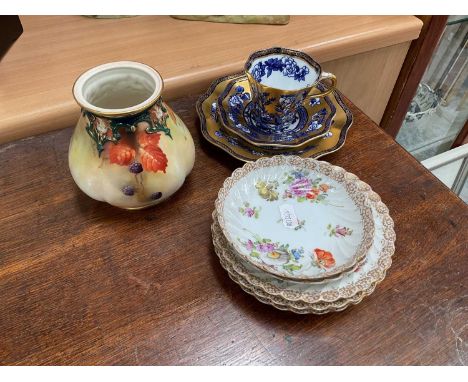 Royal Worcester vase painted with blackberries by Blake, together with Coalport blue and gilt cup, saucer and sandwich plate,