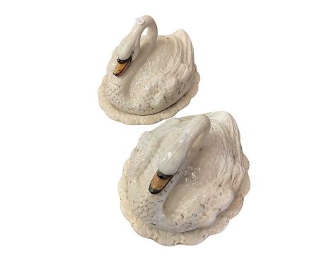 Unusual pair of Staffordshire swan dish and covers