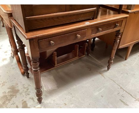 Victorian mahogany two drawer side table on turned legs, 104cm wide, 48cm deep, 71.5cm high
