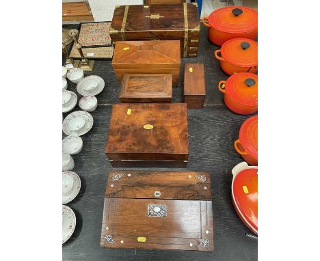 Victorian rosewood and mother of pearl inlaid writing slope and other antique boxes