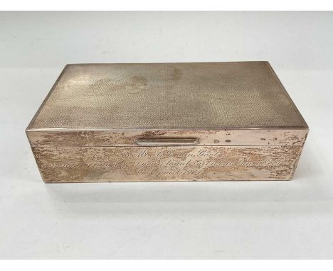 1970s silver cigarette box with engine turned decoration and a presentation engraving (Birmingham 1973)