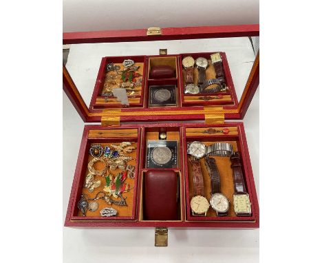 Jewellery box containing vintage costume jewellery, wristwatches etc 