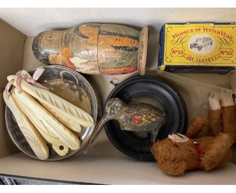 Collection of 19th bone teethers and other works of art including a toy bear, Russian doll and sundries 