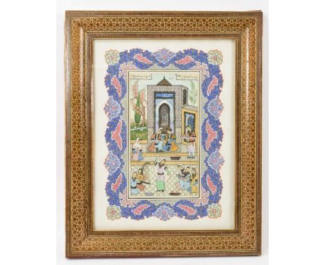Indo-Persian gouache on ivorine, depicting figures and festivities in a garden, in ornate arabesque border, total size 50 x 4