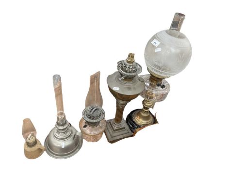 Victorian brass oil lamp with cut glass reservoir and etched glass shade and other oil lamps and parts.