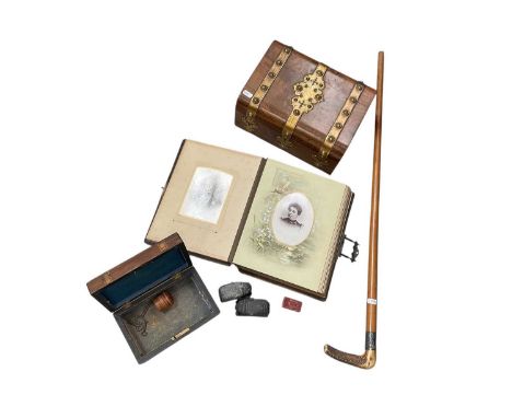 Victorian silver mounted walking stick, walnut and brass work box, cabinet card album and sundries.