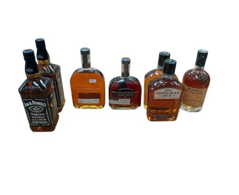 Seven bottles of Whiskey including Jack Daniel's, Woodford Reserve, Monkey Shoulder