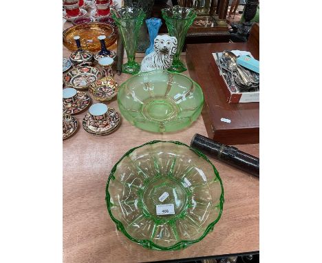 Pair of uranium glass vases, two similar bowls, blue glass vase and Staffordshire Spaniel (6).
