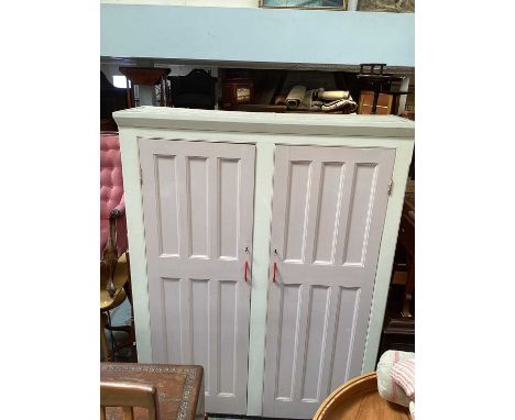 Large painted cupboard with shelved interior enclosed by two panelled doors, 155cm wide, 50cm deep, 200cm high