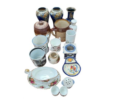 Pair of Royal Doulton stoneware vases, Doulton Lambeth stoneware tyg, Royal Worcester blush vase and other ceramics.