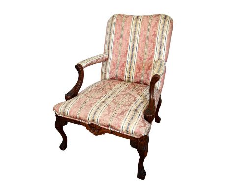 18th century style walnut Gainsborough armchair, with pad upholstered square back and seat on carved cabriole legs and claw a