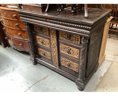 Antique carved oak chest of three drawers, 120cm wide, 59cm deep, 102cm high