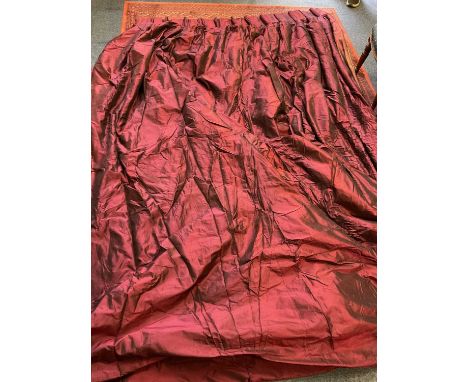 Large burgundy interlined taffeta pleated curtain, 325cm drop x 192cm wide at top x 390cm at bottom