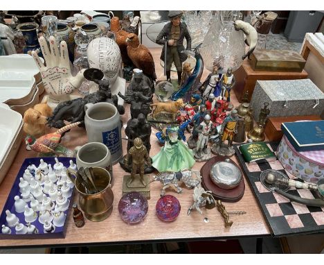 Group of ceramics, glassware and sundry items to include chess set and wooden box.