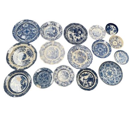 Group of early 19th century English blue and white transfer printed plates, including Spode, Ridgway, Jones, etc, and one 18t