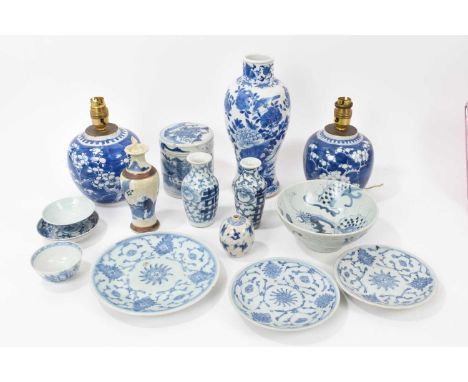 Collection of 18th and 19th century Chinese blue and white porcelain, included a lidded box, a pair of prunus jars converted 