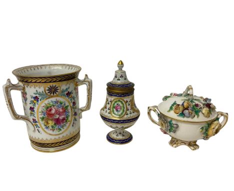 A Sèvres style porcelain vase and cover, with brass screw thread, together with a Dresden tyg and a Coalbrookdale type twin h