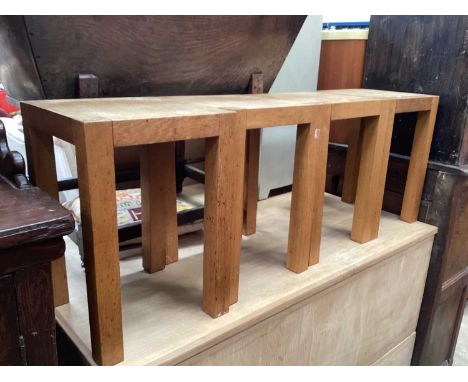 Four light oak occasional tables, 30cm x 30cm x 44cm, together with a circular occasional table, plus another table (6)