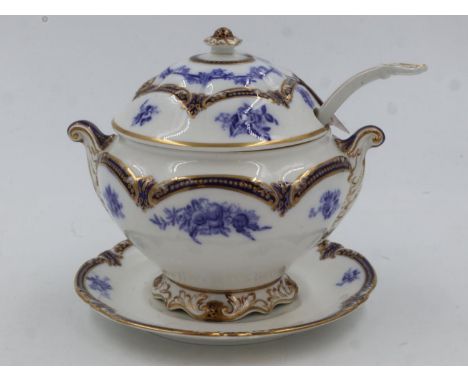 Victorian Stoke china covered sauce tureen with saucer and ladle, some wear to gilt, no visible damages or repairs. UK P&amp;