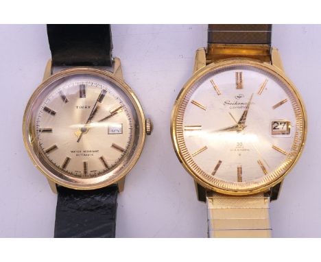 A Seiko slimdate wristwatch on Seiko strap and a Timex automatic water resistant wristwatch. The former 3.5 cm wide. 