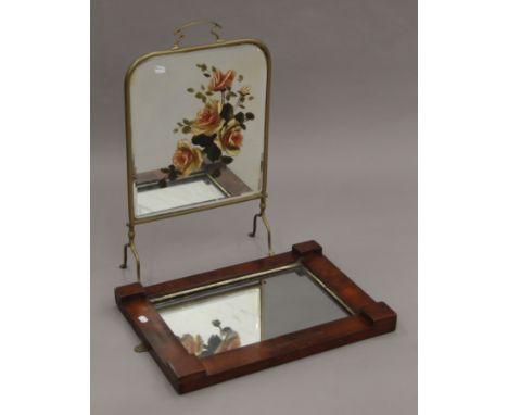 A 19th century mahogany wall mirror and a painted brass-framed fire screen. The former 40 x 57 cm.