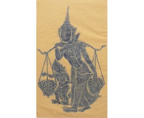 A framed and glazed Thai ink on paper depicting a deity together with After MAUD GOODMAN, a large framed print 'And Lived Hap
