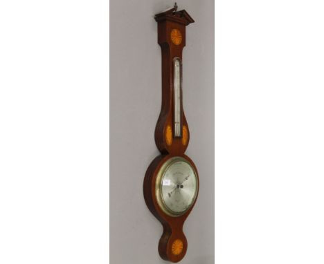 An Edwardian Negretti & Zambra inlaid mahogany barometer. 98 cm high.