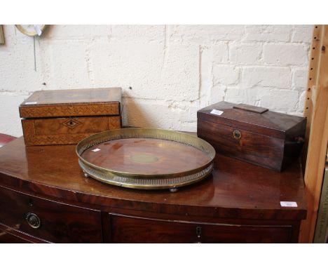 A 19TH CENTURY ROSEWOOD TEA CADDY 31cm wide, a Victorian walnut writing slope with marquetry decoration 35cm wide and a brass