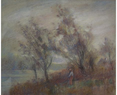 A LAKE SCENE WITH A FIGURE AND TREES, pastel drawing, 22cm x 28cm; a 19th century portrait of Mrs Hitchman, watercolour, 10cm