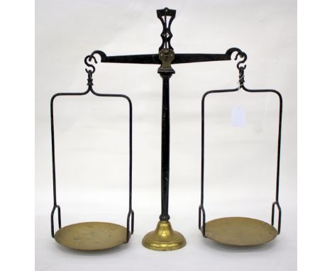 A PAIR OF 19TH CENTURY FRENCH F.LEGRAIN PARIS BRASS AND WROUGHT IRON WEIGHING SCALES, 53cm wide x 55cm high