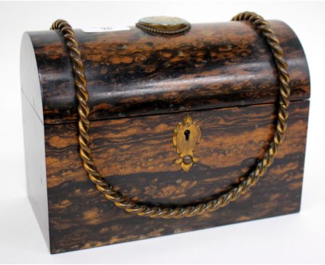 A MARTIN & CO CHELTENHAM 'GOLDSMITHS TO THE QUEEN' COROMANDEL WOOD DOME TOPPED TEA CADDY mounted with a circular Jasper ware 