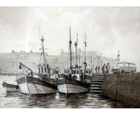 R H BALM  A harbour with fishing boats, charcoal and wash, 35cm x 45cm together with a further picture (2)