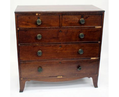 A VICTORIAN MAHOGANY CHEST of two short and three long drawers, having brass handles and splayed bracket feet 100cm wide 