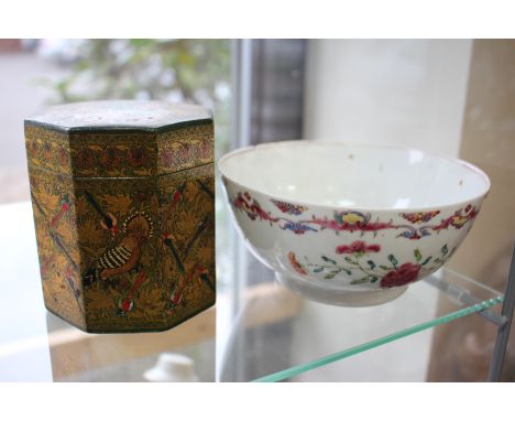 AN 18TH CENTURY CHINESE PORCELAIN CIRCULAR BOWL with famille rose enamel insect and flower decoration 14cm diameter, and an O