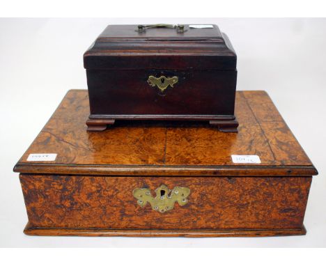 AN ANTIQUE ELM AND BURR WALNUT VENEERED RECTANGULAR BOX with a lifting lid, 41cm wide together with a George III tea caddy, 2