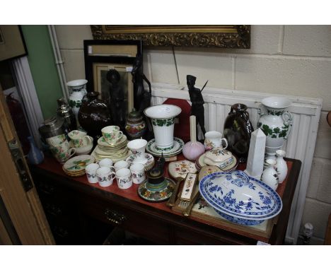 MISCELLANEOUS CHINA to include a pair of pottery moon vases, a Gouda pottery ink well, part Royal Worcester coffee set togeth