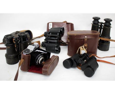 A PAIR OF 19TH CENTURY FRENCH BINOCULARS in a fitted case, a pair of Telstar binoculars, a pair of Carl Zeiss binoculars and 