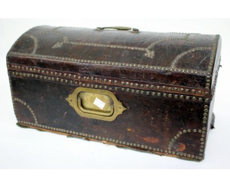 A GEORGIAN STUDDED LEATHER BOUND DOME TOPPED SMALL TRUNK with original retailers label, 'The Original Trunk and Bucket Wareho