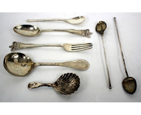 A 19TH CENTURY SILVER CADDY SPOON by James McKay, 9.5cm in length together with further antique silver cutlery 