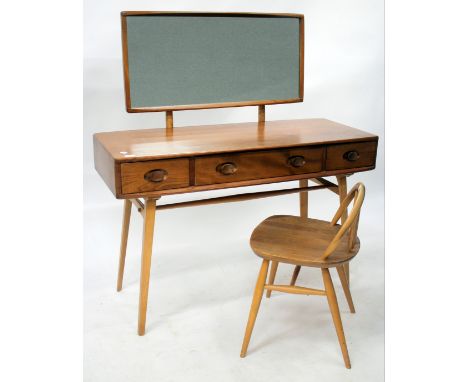 AN ERCOL LIGHT ELM MIRROR BACKED DRESSING TABLE with three frieze drawers and square tapering legs, overall 103cm wide togeth