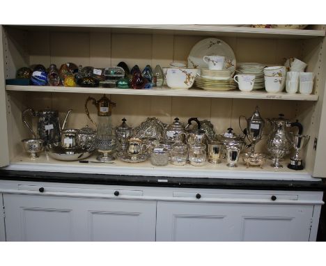 A LARGE QUANTITY OF SILVER PLATED METAL WARE to include a tea service 