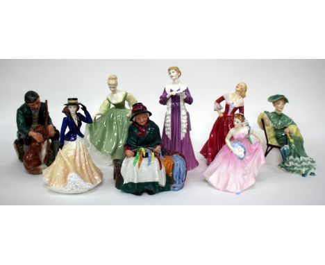 SEVEN ROYAL DOULTON PORCELAIN FIGURINES to include 'Ascot' HN2356, 'Silks and Ribbons' HN2017, 'Angelina' HN2013, and a Royal