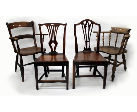 A 19TH CENTURY ASH AND ELM SMOKERS BOW ARMCHAIR with turned supports together with an early 19th century Oxford patterned arm