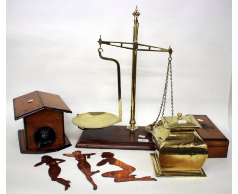 A SET OF 19TH CENTURY BRASS SCALES with a mahogany base and five Warmisham weights together with a 19th Century brass tea cad